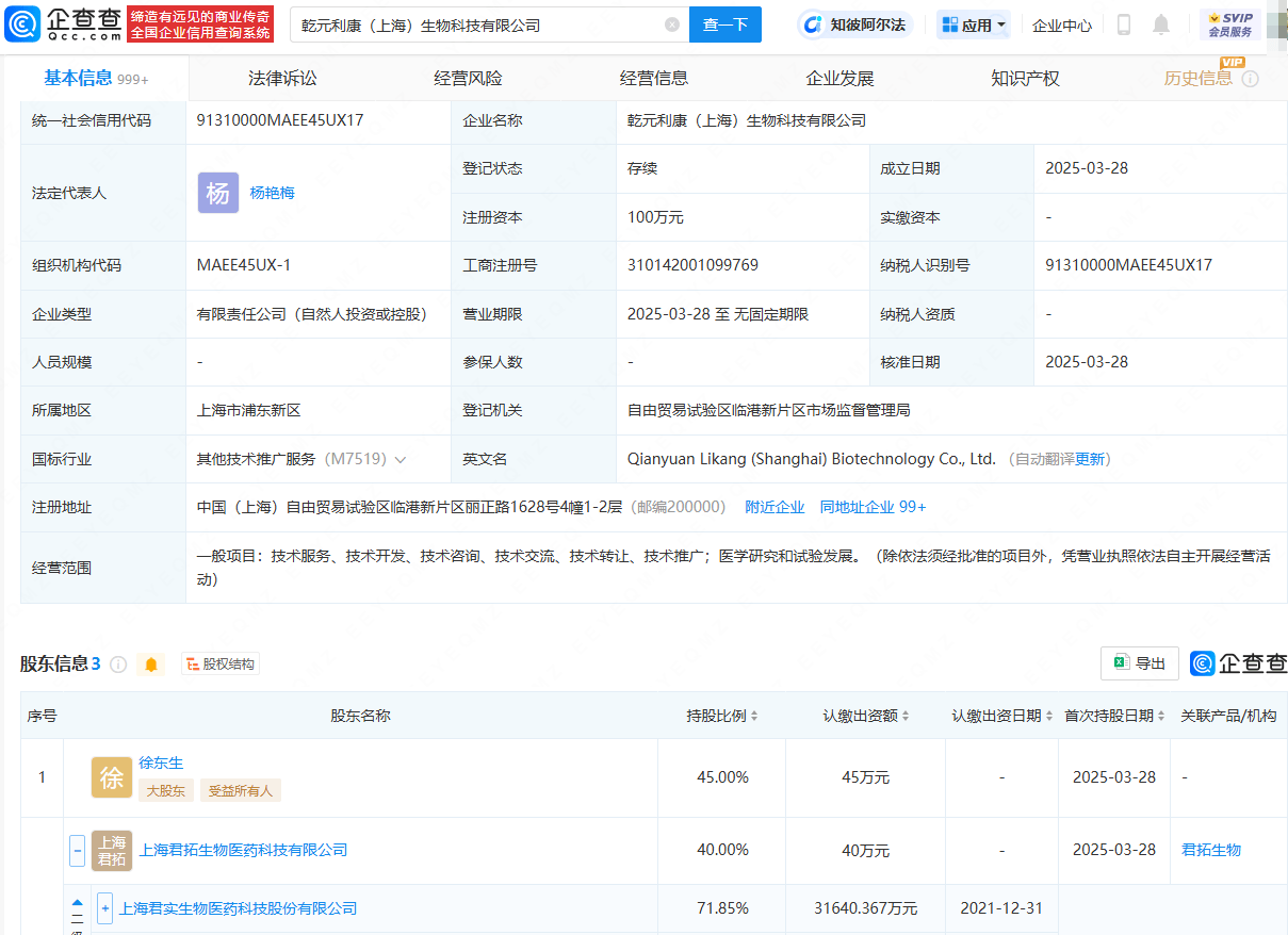君实生物等投资成立生物科技公司:生物科技公司
